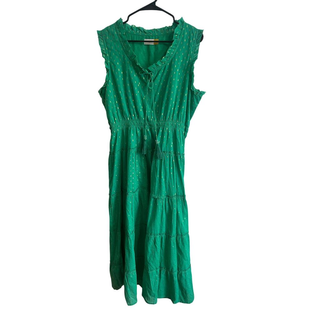 YADY Green Gold Cotton Sleeveless Tank Dress Tiered Tassel Great! Sz L/XL